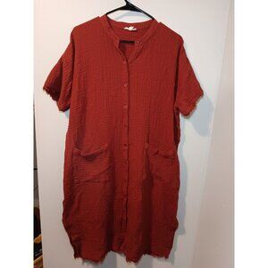 Eileen Fisher PICANTE Organic Cotton Gauze Mandarin Collar Dress Sz L Minimalist